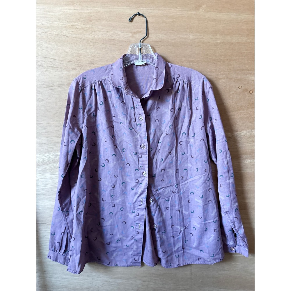 Vintage Purple Moon Star Print Button Down Long Sleeve Blouse Top Medium